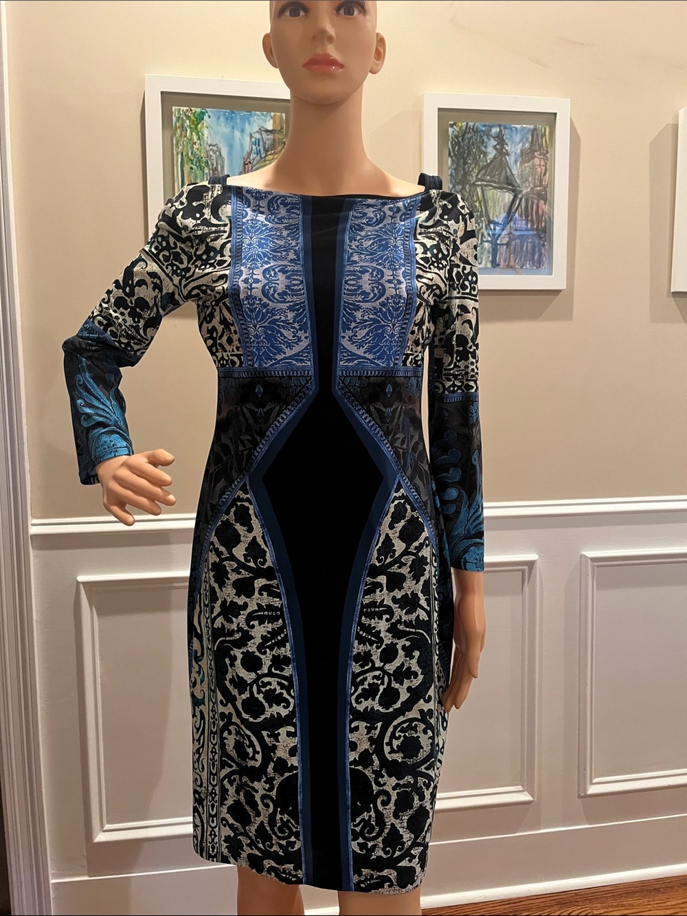 Roberto Cavalli Black and Blue Baroque Panel Long-Sleeve Sheath Dress